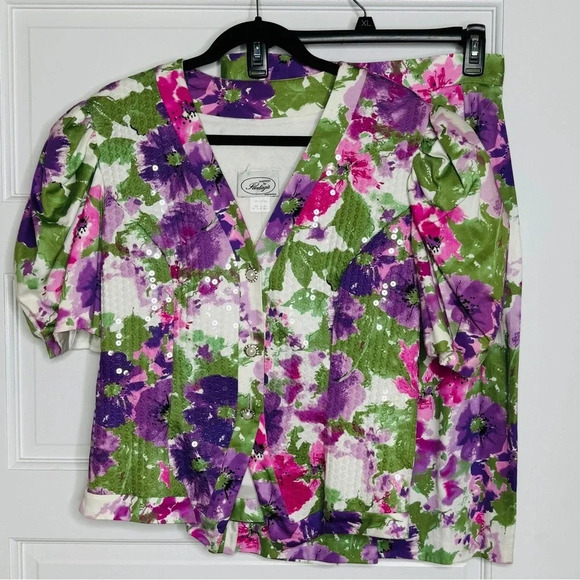 Evenings By Pantagis Vintage 80s Purple Green Floral Skirt Set USA Size 11-12 - Picture 1 of 8